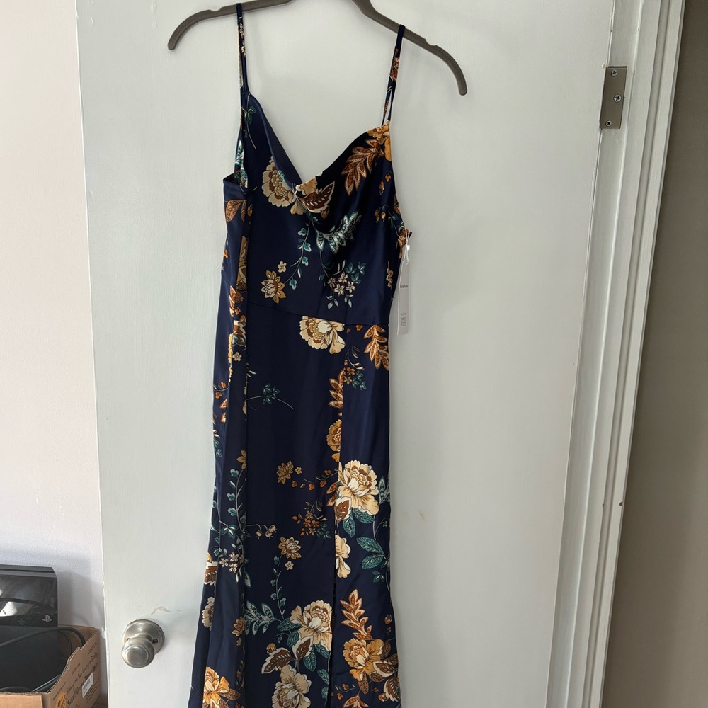Navy Floral Midi Dress with Spaghetti Straps